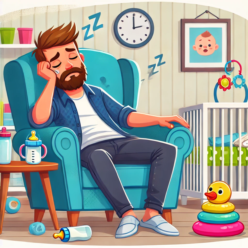 A cartoonish illustration of an exhausted dad sitting in a cozy armchair, slouched with half-closed eyes, surrounded by baby toys and bottles. A clock on the wall shows late hours, and a framed picture of a baby hangs nearby