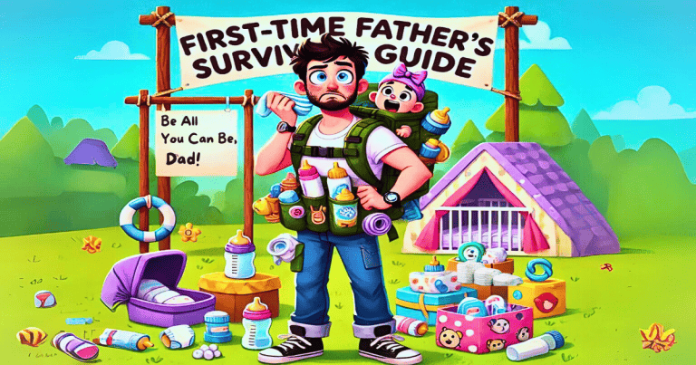 An infographic titled "First-Time Father's Survival Guide" providing essential tips and advice for new dads. "New Dad Essentials"