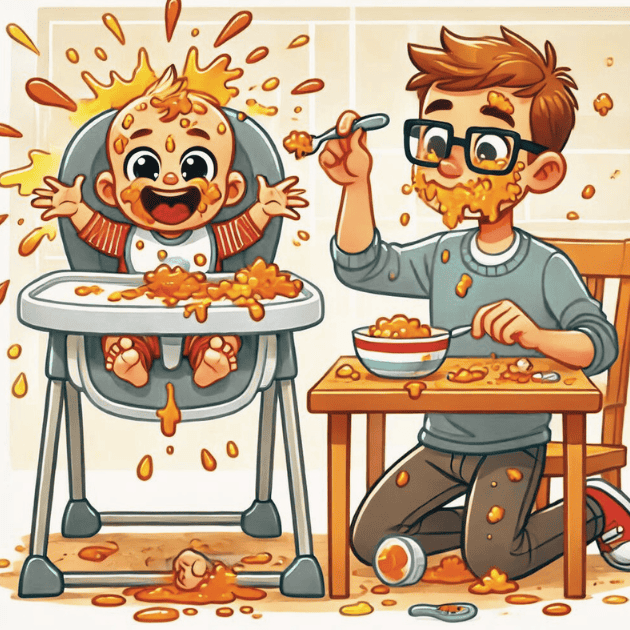 A cartoonish illustration of a baby in a high chair covered in food, with an adult wearing glasses also covered in food while attempting to eat. The scene humorously depicts the messy and playful nature of mealtime with a baby.