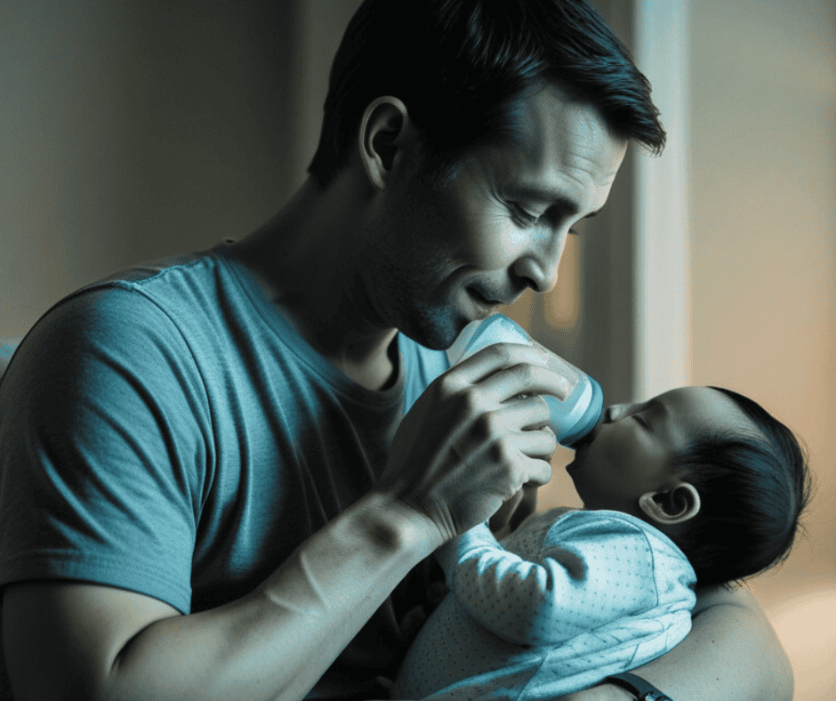 Father bottle feeding baby at night during scheduled feeding time as part of baby sleep routine