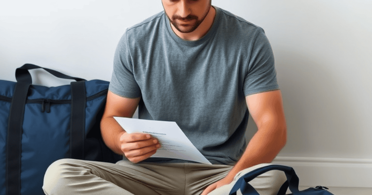 first-time dad's hospital bag checklist preparation man reading packing list with navy duffel bag