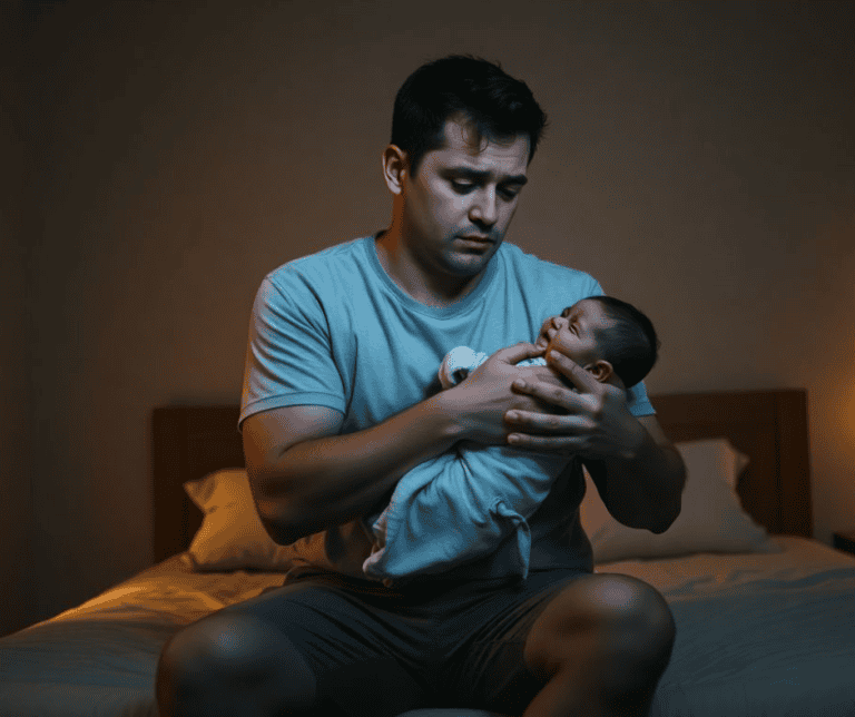 Father experiencing baby colic episode during nighttime hours, demonstrating the reality of infant colic for exhausted parents seeking natural relief methods