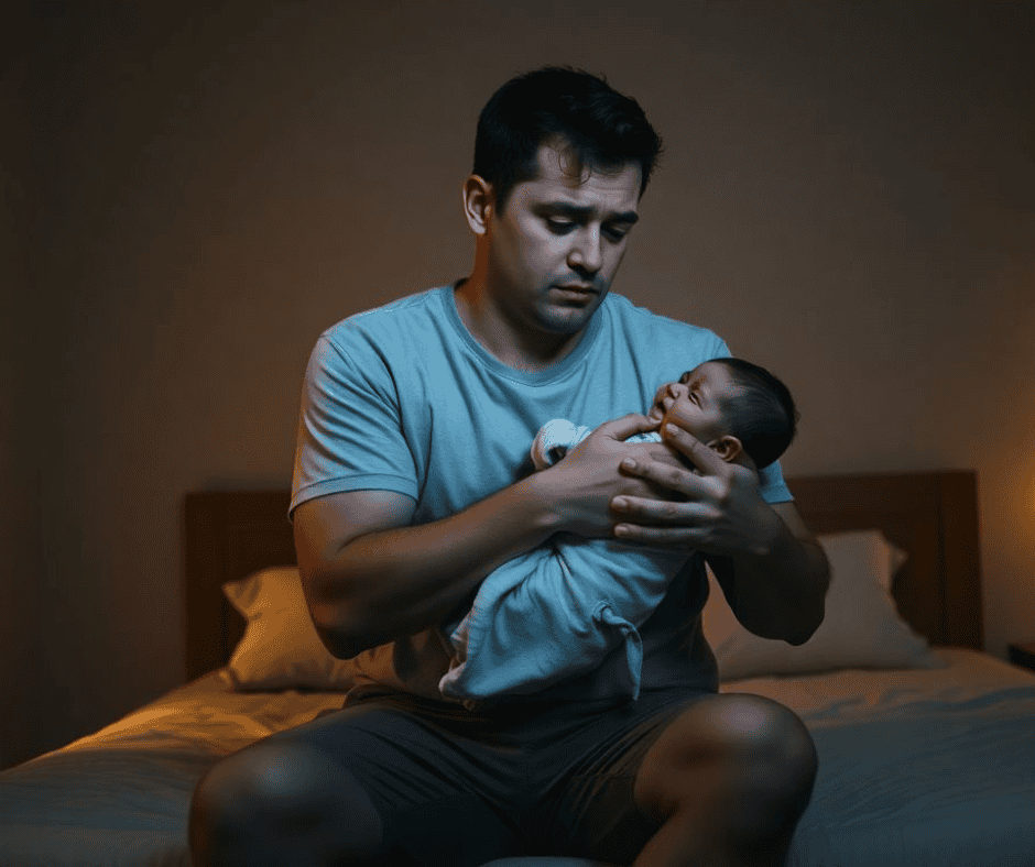 Father experiencing baby colic episode during nighttime hours, demonstrating the reality of infant colic for exhausted parents seeking natural relief methods