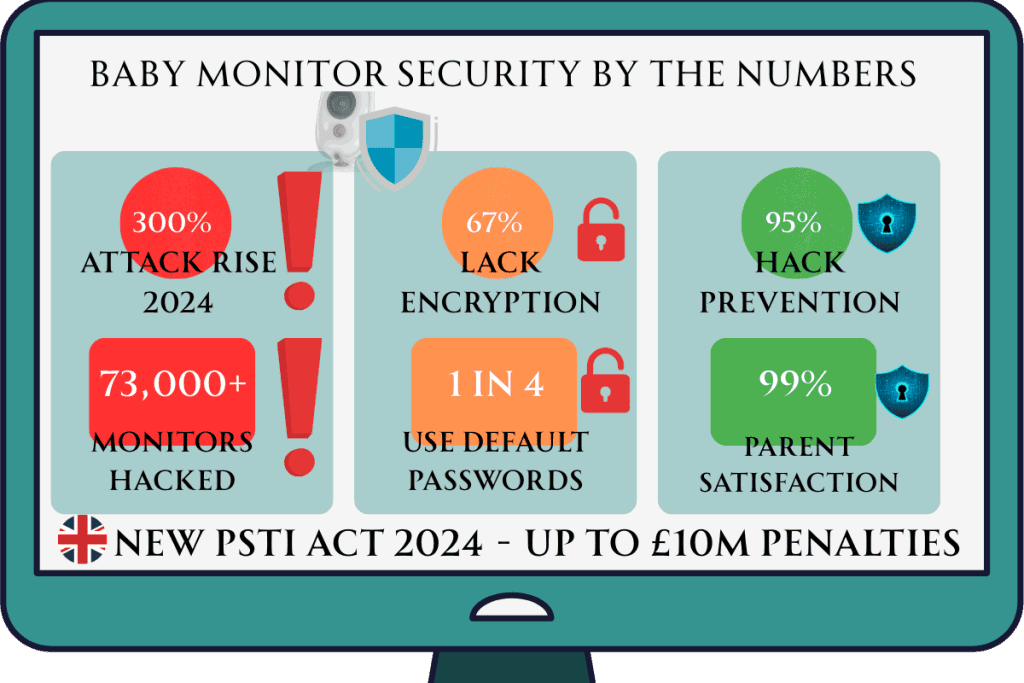Baby monitor security statistics infographic showing 300% attack rise, vulnerabilities, and 95% hack prevention rates with proper security measures