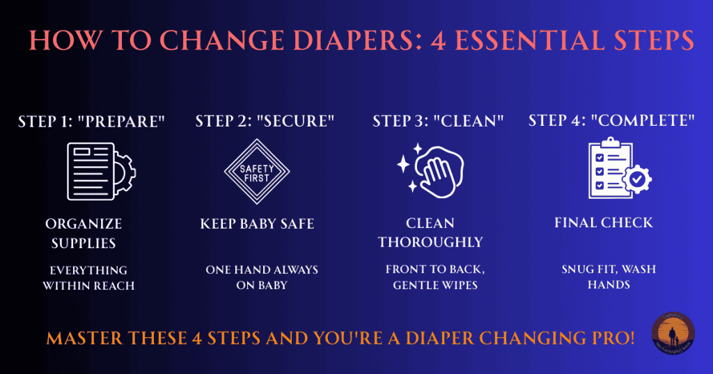Step-by-step infographic showing how to change diapers with 4 essential steps for new fathers: prepare, secure, clean, and complete diaper changing process