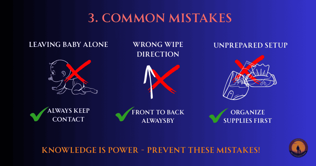 Common diaper changing mistakes infographic showing 3 errors to avoid: leaving baby alone, wrong wipe direction, and unprepared setup, with correct solutions for each mistake