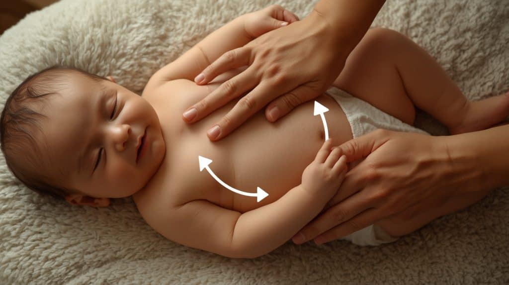 Baby colic massage demonstration showing clockwise tummy massage technique with directional arrows for gas relief