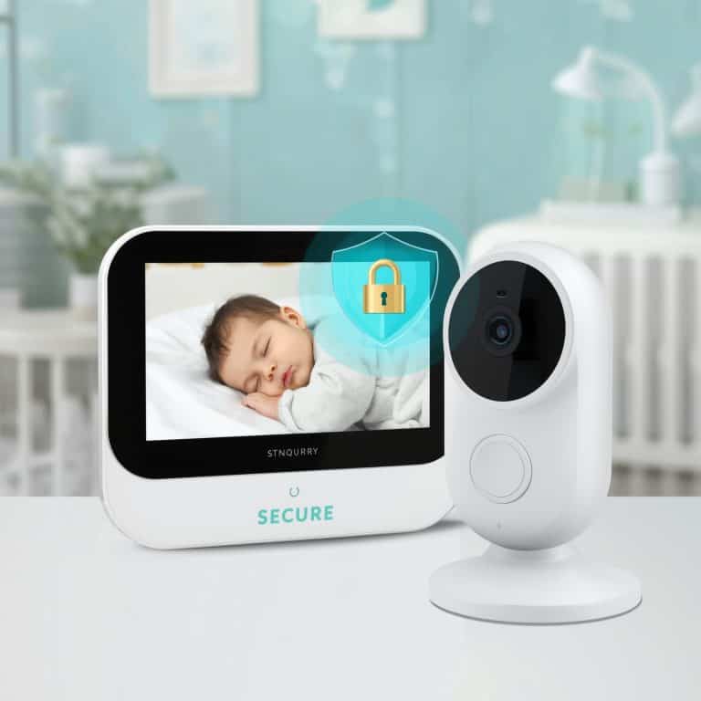 Secure baby monitor with shield and lock icon showing protected video feed of sleeping baby