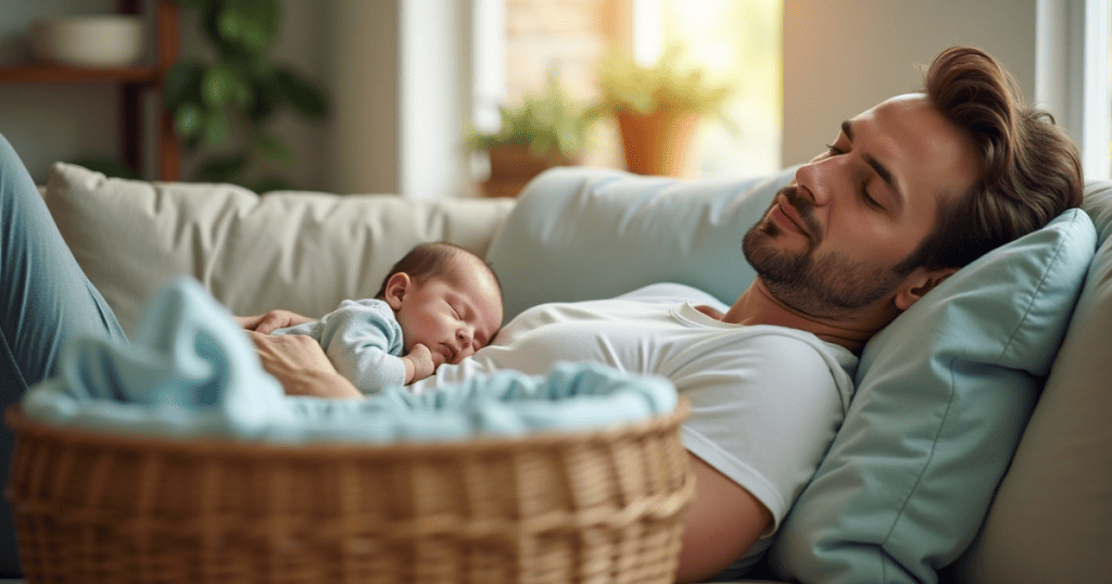 Father and baby taking a peaceful nap together on living room couch with wicker bassinet nearby during afternoon naptime