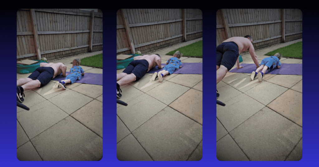 Three-panel sequence showing father and young child exercising together on yoga mats in backyard, demonstrating how dads can maintain fitness while spending quality time with their children