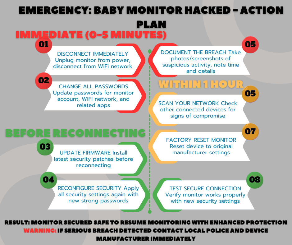 Emergency response flowchart for hacked baby monitor showing 8 step-by-step actions color-coded by urgency: immediate red steps, within-hour yellow steps, and pre-reconnection green steps