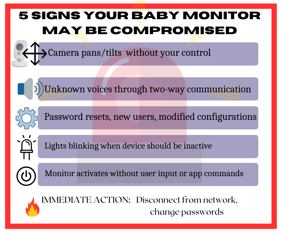 Warning checklist showing 5 signs your baby monitor may be hacked: camera movement, strange voices, changed settings, unusual LED activity, and mysterious power cycling