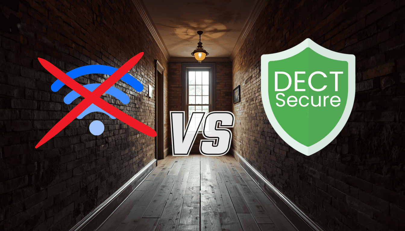 WiFi crossed out in red versus DECT Secure shield — no wifi baby monitor comparison for UK homes.