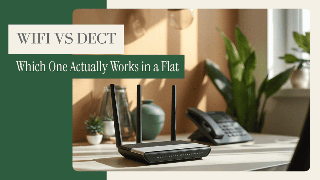 Baby monitor for flats UK — WiFi router and DECT phone comparing 2.4GHz interference vs 1.9GHz DECT signal