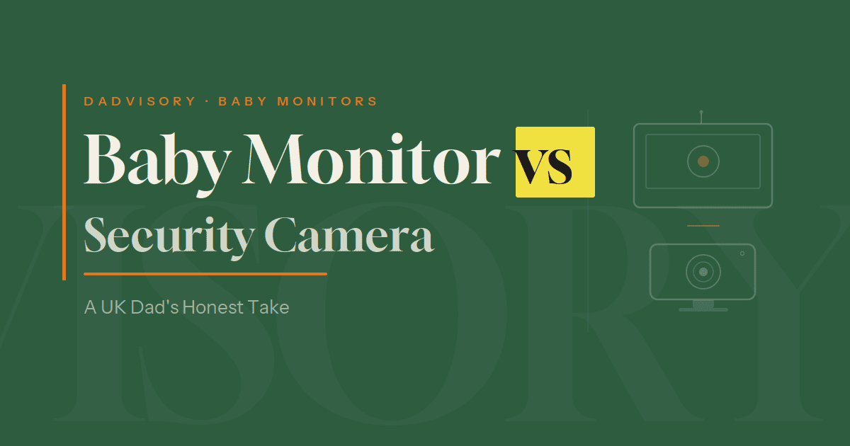 Baby monitor vs security camera comparison for UK parents — DECT baby monitor and indoor security camera shown side by side