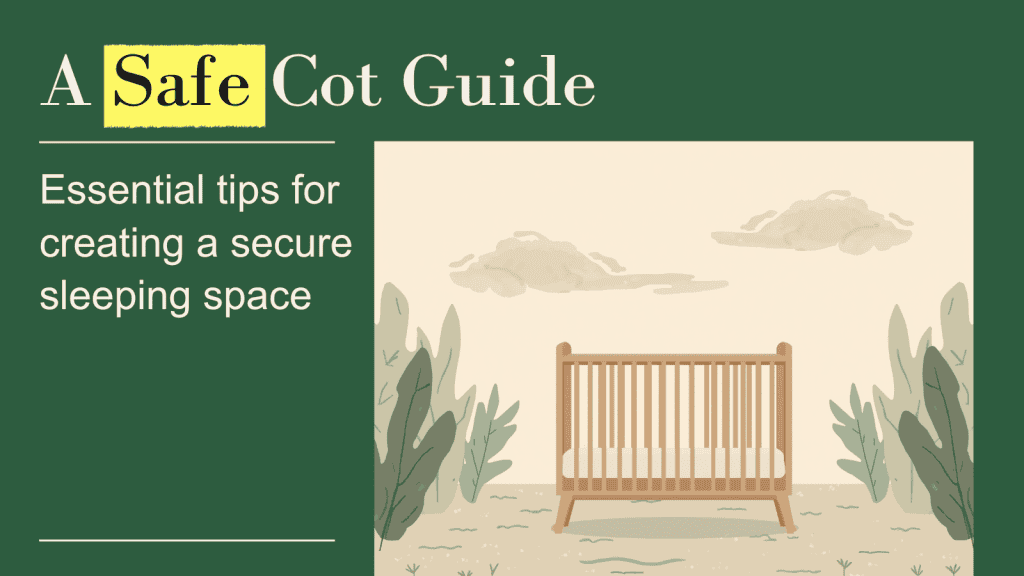 Illustration of a bare wooden cot with firm flat mattress, showing what belongs in a safe baby cot.