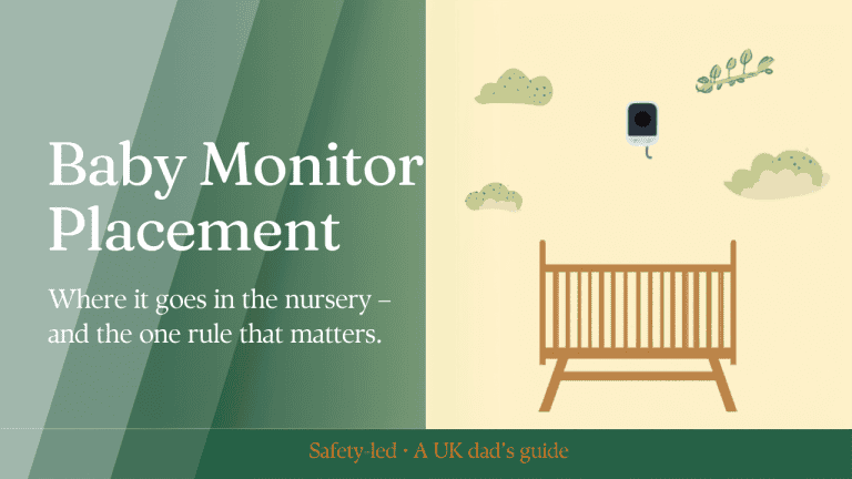 Baby monitor placement in a nursery — camera mounted on the wall above a wooden cot
