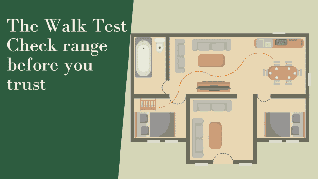 Floor plan of a UK home with a path from the nursery cot through each room, showing how to walk-test baby monitor range