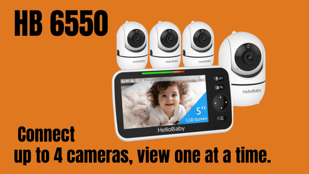 HelloBaby HB6550 parent unit with four cameras, viewed one at a time by switching between them