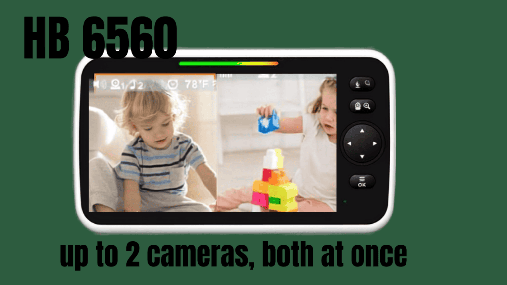 HelloBaby HB6560 parent unit showing split screen with two children in separate rooms displayed simultaneously